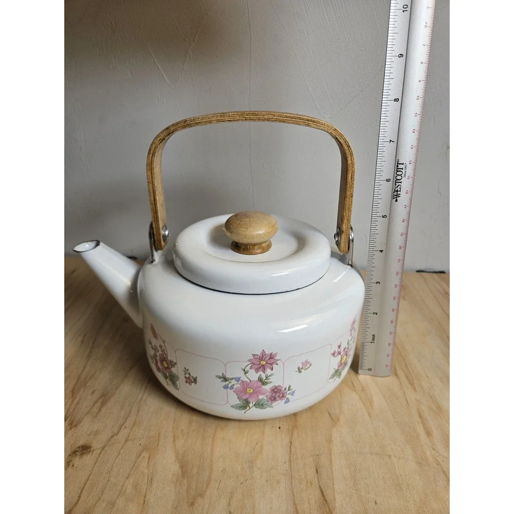 Vintage Floral Enamelware Tea Kettle Teapot Wood Handle Made in Taiwan Cottage